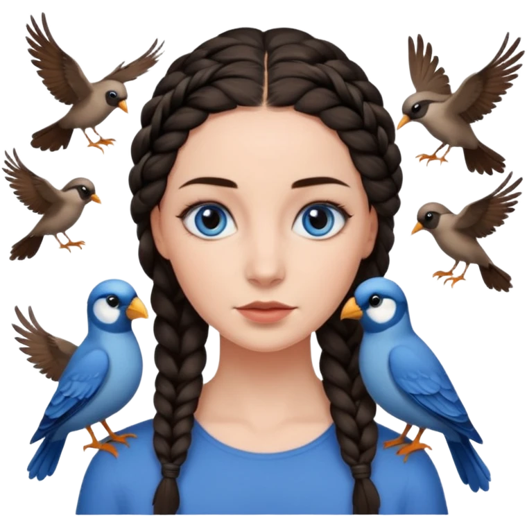 женщина с одной темно-коричневой косой серо-голубыми глазами и светлой кожей в окружении птиц emoji