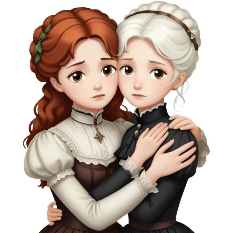 Two Victorian women with light eyes embracing in a sad, intimate hug. One woman has bright white coiffed hair and the other has dark copper coiffed hair. Both wearing Victorian high-neck dresses with their arms wrapped tightly around each other emoji