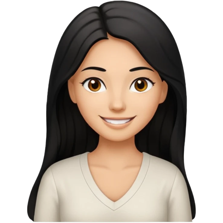 medium tan woman with long black hair past middle of back, round brwn eyes, white v neck blouse smiling. emoji