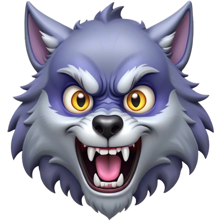 Cinematic Comical Werewolf Portrait Emoji, with a whimsically exaggerated lupine face in vivid moonlit grays and silvers, head cocked in a dramatically shocked expression with comically oversized, wide eyes and a playful snarl, simplified yet hilariously expressive, highly detailed with a soft cartoonish glowing outline capturing the mischievous humor of a werewolf mid-transformation! emoji