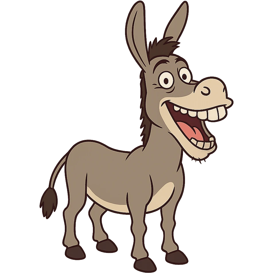 the donkey from Shrek, funny cartoon style, expressive, with a big smile emoji