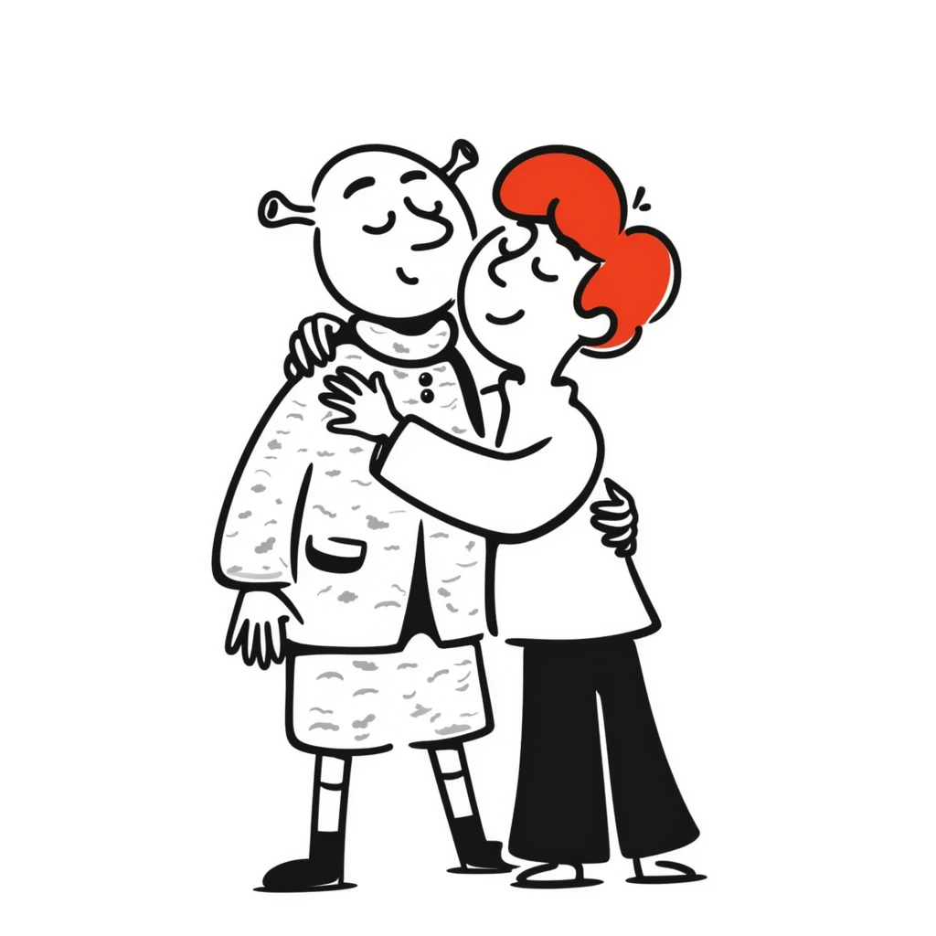 Shrek hugging a red-haired teenage boy emoji