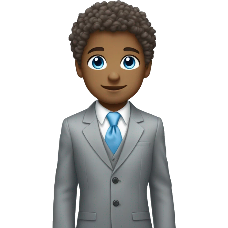 Little young  gentleman wearing a grey suit with white shirt and baby blue tie with blue eyes , white boy and brown curly hair and full body . Wearing a watch  emoji