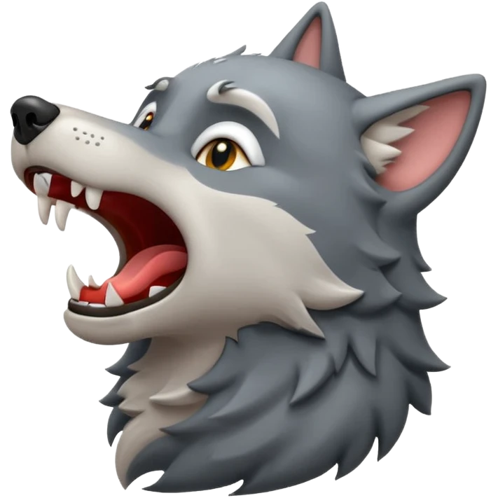 emoji of a wolf howling, head tilted upward with open mouth, small sound lines near the mouth to show the howling action, simple cartoon style emoji