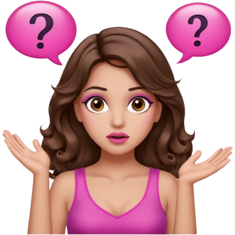 girl with long wavy brown hair, brown eyes, long lashes makeup, sexy pink lips, light to medium complexion, pink sexy top, two hands up, shrugging, confused question mark bubble sign emoji