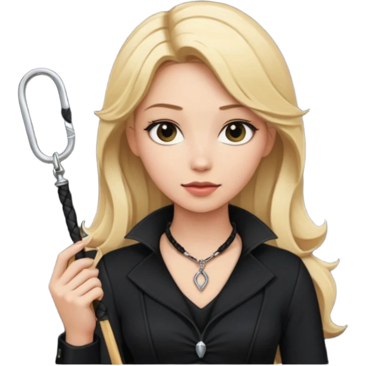 Dominatrix with blonde hair, black outfit, long key necklace, and a whip emoji