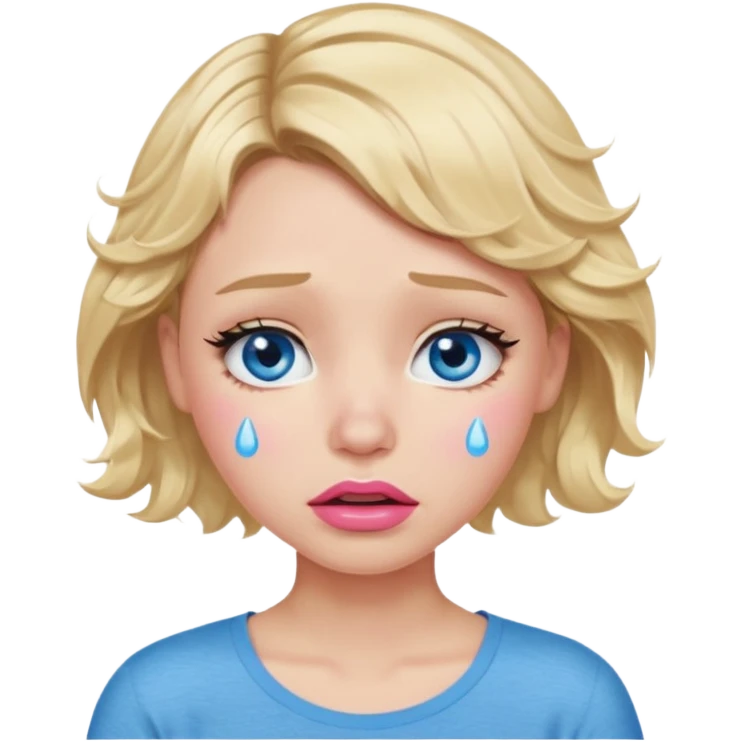Girl Blonde short wavy hair,  blue eyes, cute blue top, long lashes, pink lips,crying with big tears running down the face  emoji