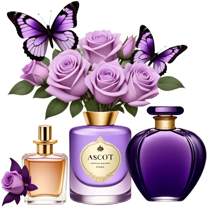 A delicate bouquet of soft lilac Ascott tea roses rests beside a pastel violet aesthetic, accompanied by a stunning butterfly with dark orchid-colored wings, while a luxurious royal purple silk ribbon cascades elegantly next to a beautifully crafted vintage-style perfume flacon in a rich heather hue. emoji