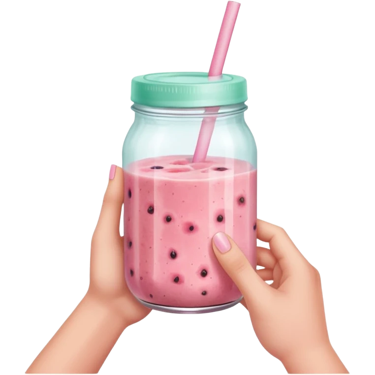 Hand-holding smoothie jar of guava or passion fruit drink, pastel pink tone. emoji