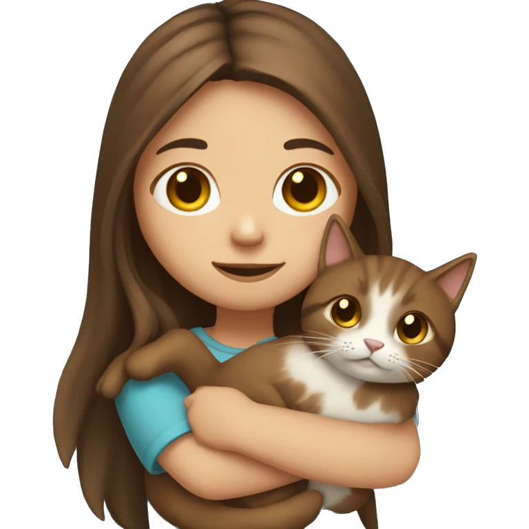 Girl with long brown hair holding a cat emoji