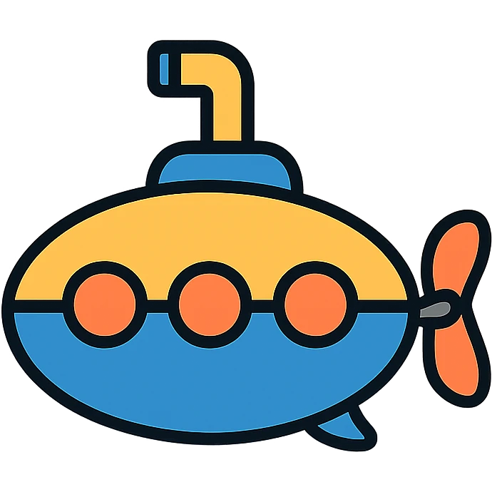 Submarine underwater vessel with periscope and propeller, colorful icon emoji