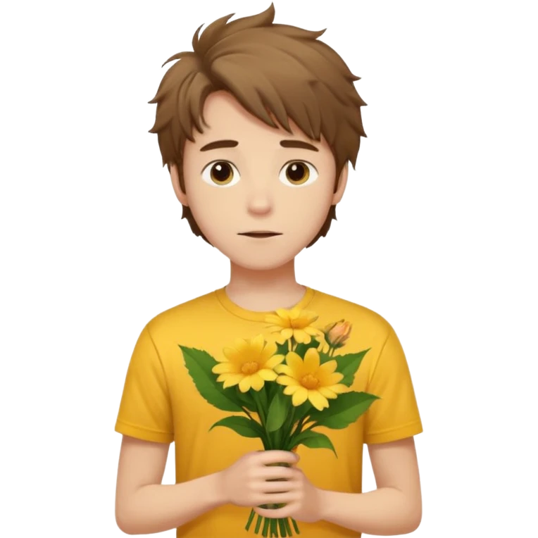 generate an ios genmoji of a 20 year old fair boy with brown long and messy hair with stubble on cheeks. should look like he cant grow a mustache., carrying a flower bouquet, wearing a yellow tshirt, looking shy emoji
