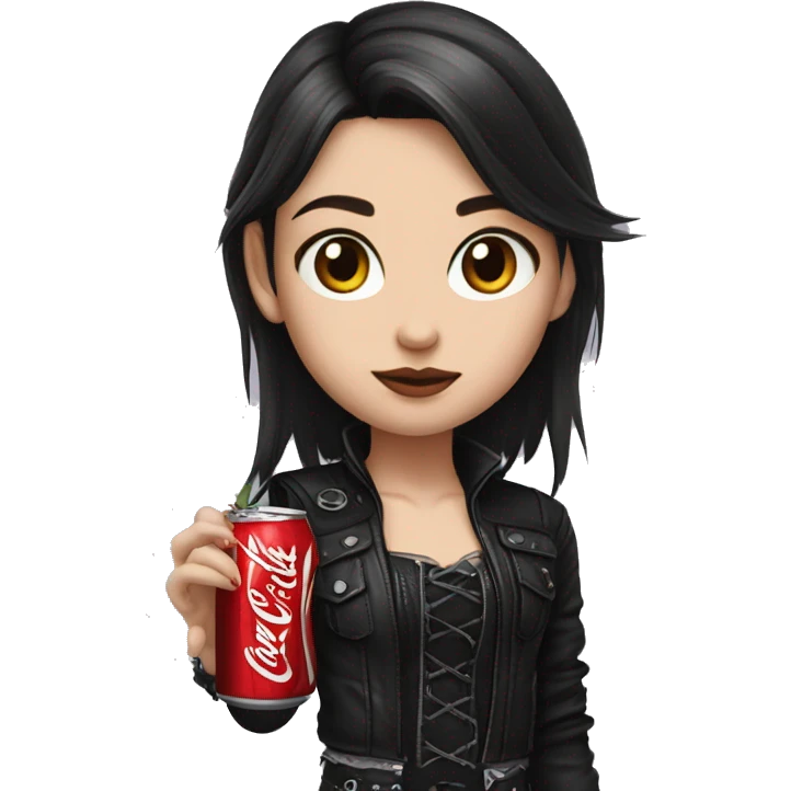 young metalhead brunette girl wearing gothic clothes and coca cola on her hand emoji