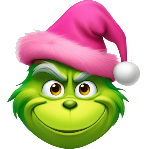 Grinch wearing pink Christmas hat with a smile and pink heart eyes emoji