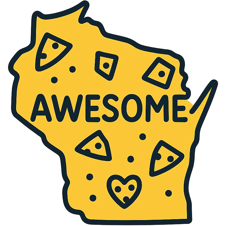 Add yellow color to the Wisconsin state outline, cheese, and the word 'AWESOME', keeping the fun, positive vibe and bold lettering in a lineal color icon style with black outlines. emoji