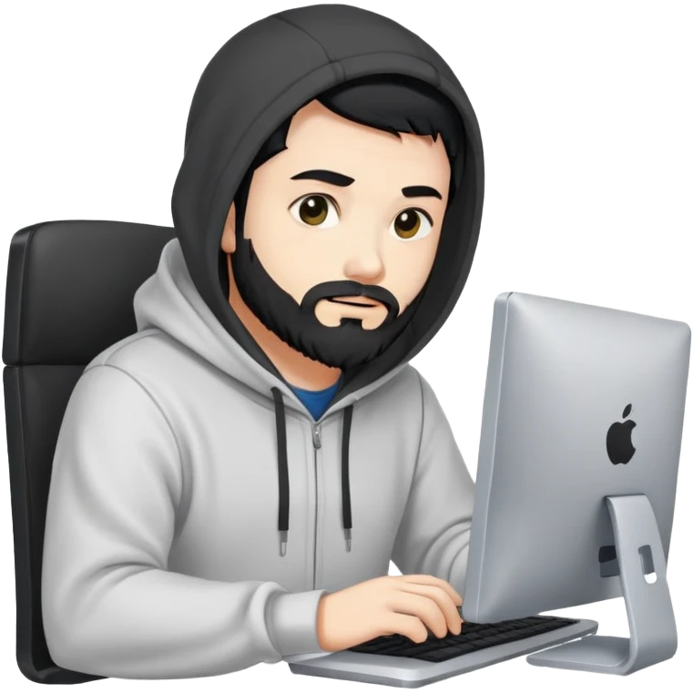 male coder with black hair, beard, and white skin, wearing a hoodie, sitting in front of a computer, focused on coding emoji