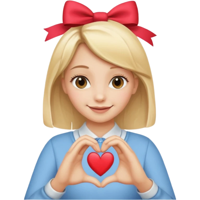 una ragazza bionda liscia con un fiocco in testa che fa un cuore con le mani emoji