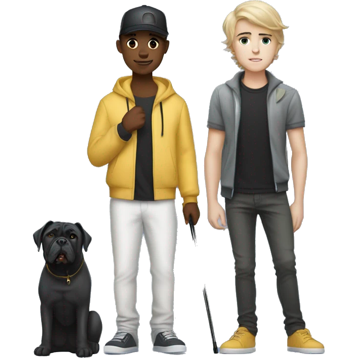 young white boy with justin beiber hairstyle standing alongside a black cane-corso emoji
