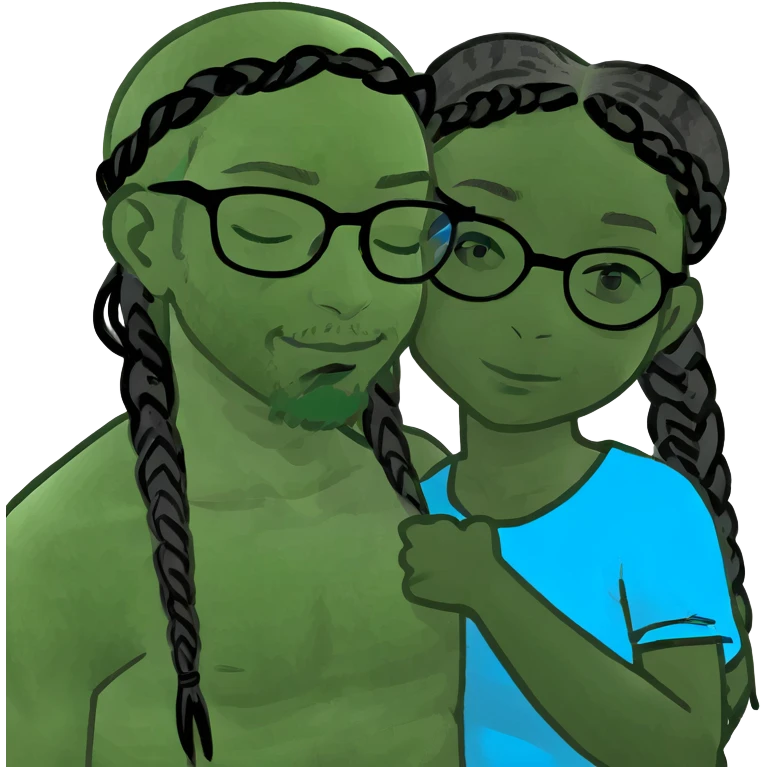 Jesus hugging a black girl with clear glasses and blue and black braids  emoji