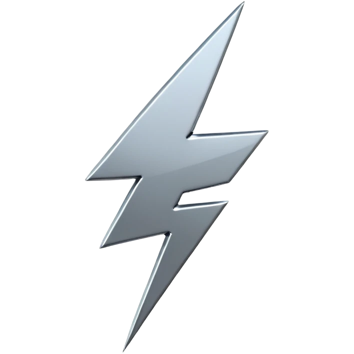 A lightning bolt emoji made of polished silver chrome, sharp yet rounded edges, glossy metallic surface, soft reflections, minimal futuristic design, iOS emoji style, centered, clean white background emoji