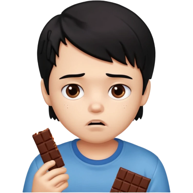 a PRETTY BRATZ boy with black hair eating chocolate and looking sad emoji