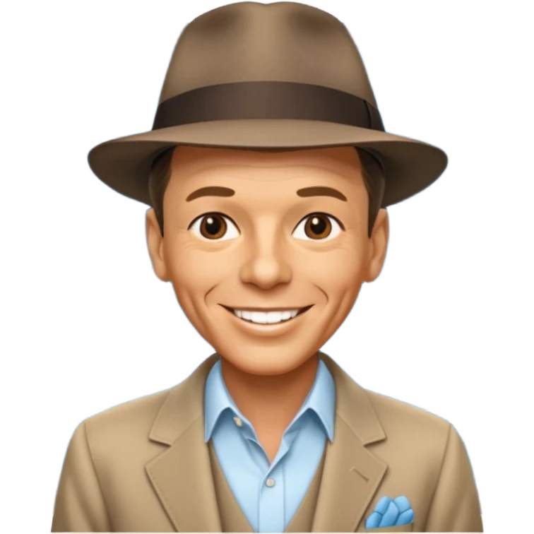 Frank Sinatra with the hat on, smiling and showing data analytics on a screen in the background emoji