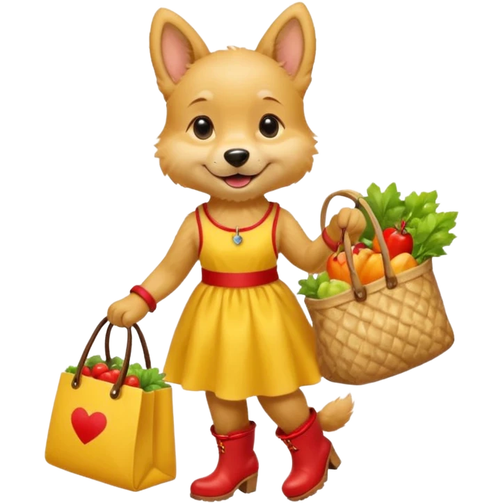smiling-dog-in-a-yellow-dress,-red-boots,-carrying-a-market-bag emoji