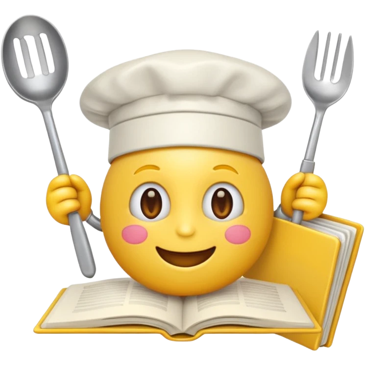 cheerful emoji holding an open cookbook, surrounded by kitchen utensils emoji