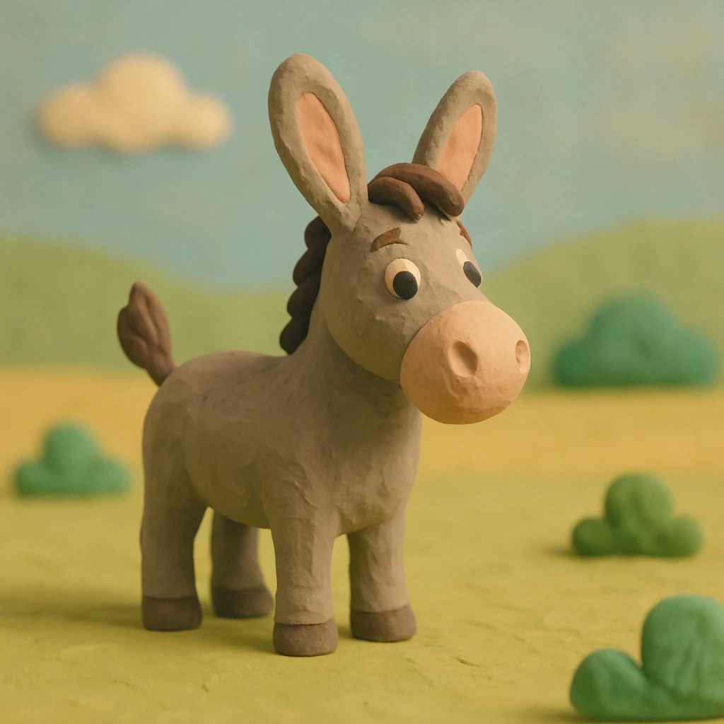 donkey standing in a field, pastel colors, visible fingerprints, playful and textured, claymation style emoji