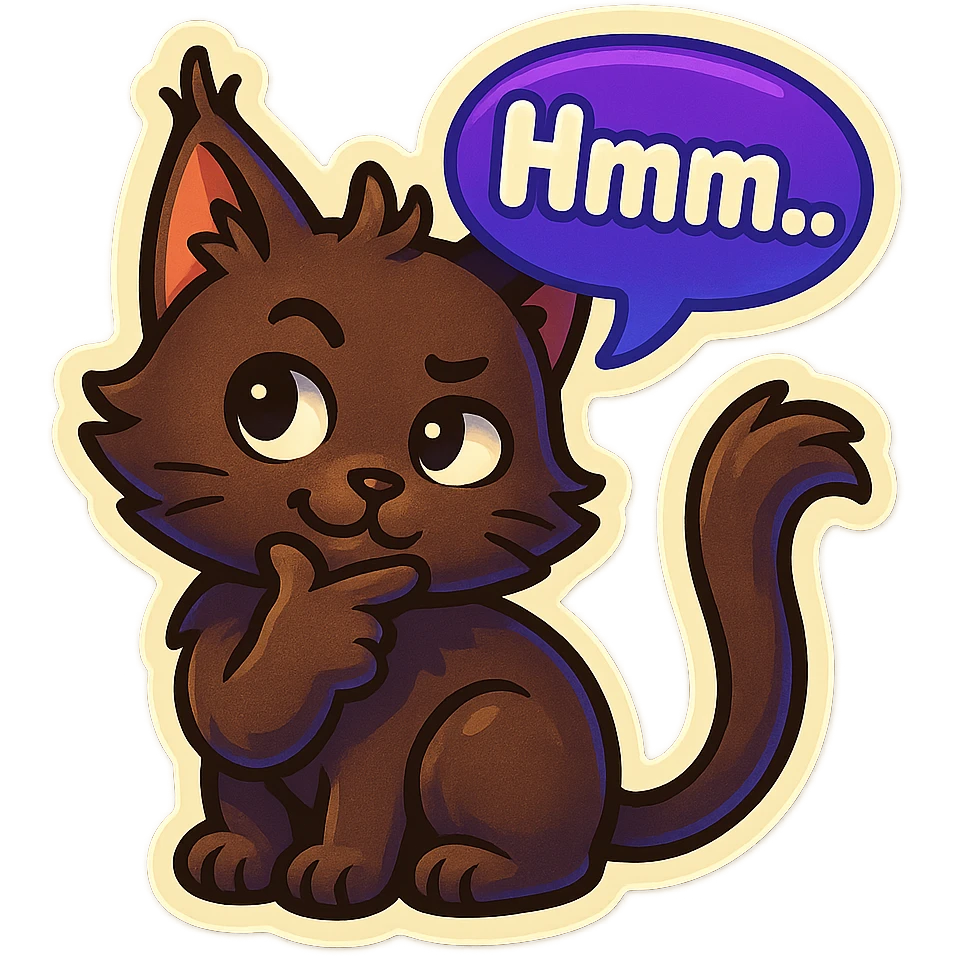 a dark-brown fluffy cute kawaii anime cat with tufted ears and a long thin tufted tail, thinking, smirking thoughtfully, saying “Hmm..” with a purple speech bubble emoji