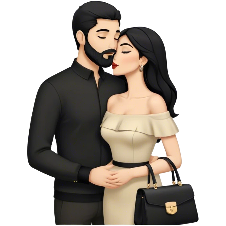 Kissing chicks  the Lebanese white skinned man with black hair and beard dressed in all black, and the Palestinian woman in an elegant off-shoulder cream-colored outfit with a handbag. emoji