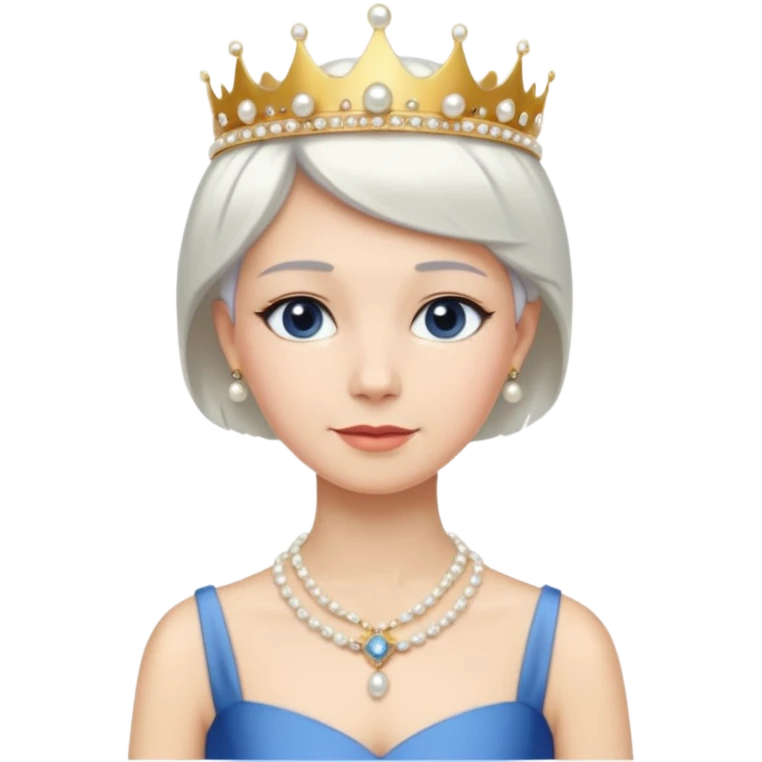 Queen with white short hair – gold tiara, pearl necklace, elegant gown, blue dress emoji