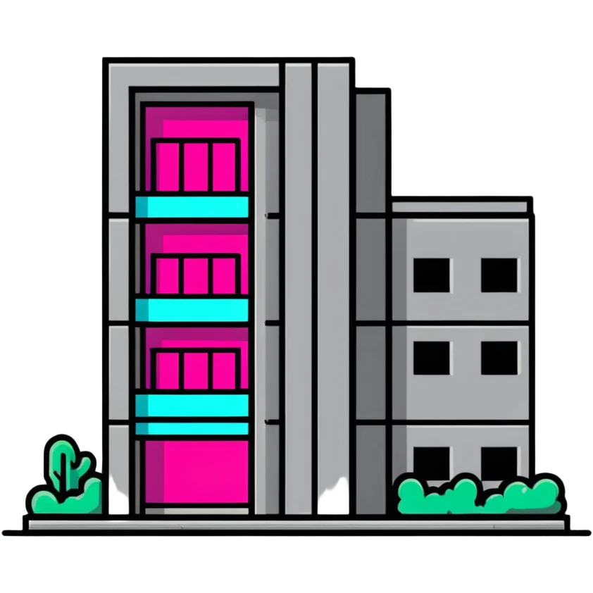 Brutalist gray concrete block building with one neon pink window emoji
