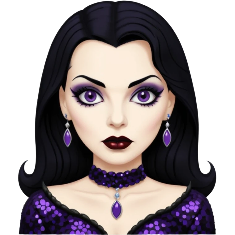 Maila Nurmi aka Vampira with black hair, black sequin outfit emoji