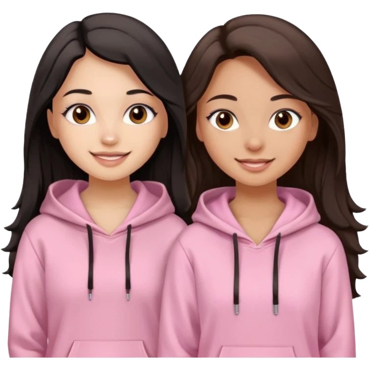 A pretty girl with light skin and long straight black brown hair, wearing a very light pink basic hoodie with brown eyes and makeup and a round face with another girl with tan skin and very wavy brown hair emoji