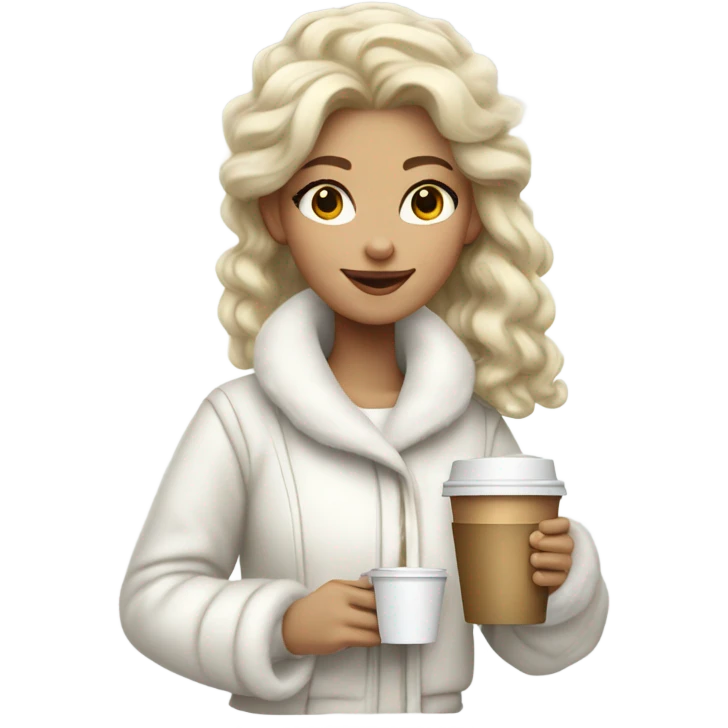 blonde girl wearing white fluffy jacket and a coffee to go in hand all dress white and a white bow on hair emoji