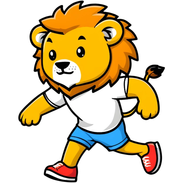 retro 1950s anthropomorphised lion in a t-shirt and shorts, walking emoji