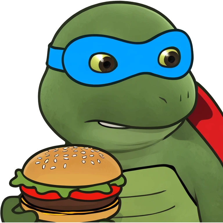 ninja turtle wearing blue eye mask with burger emoji
