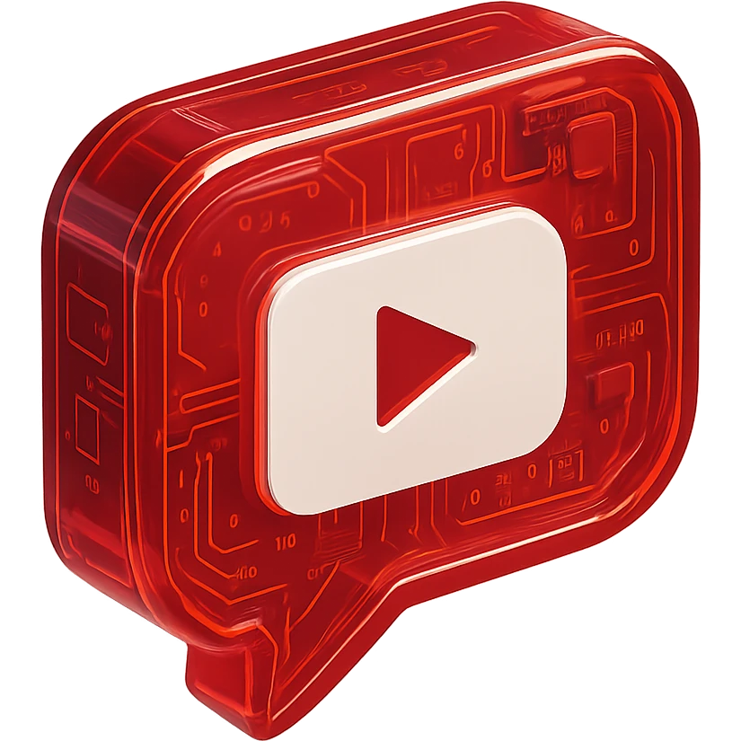 red speech bubble with inside a big red YouTube white play button, very glossy circuit style, transparent emoji