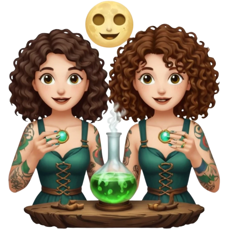 forest alchemist duo two women curly long hair tattooed and short brown hair mixing glowing moon potion together excited faces emoji