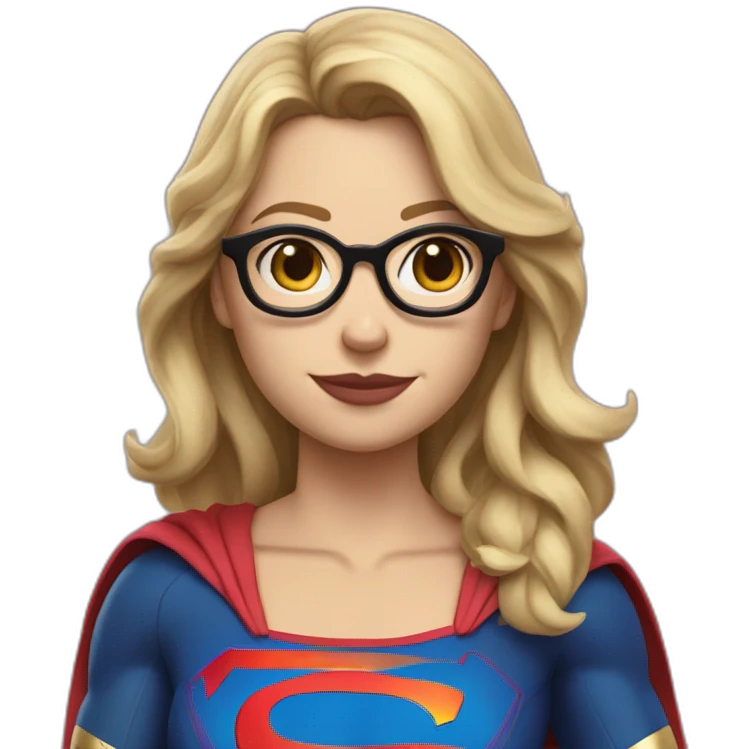Caucasian Supergirl upper body long wavy hair and glasses with an "F" logo in the chest emoji