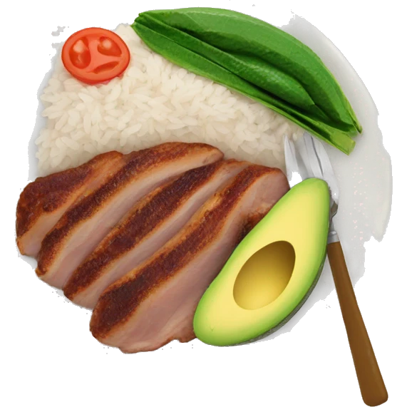 Plate of rice beans pork chop and avocado emoji
