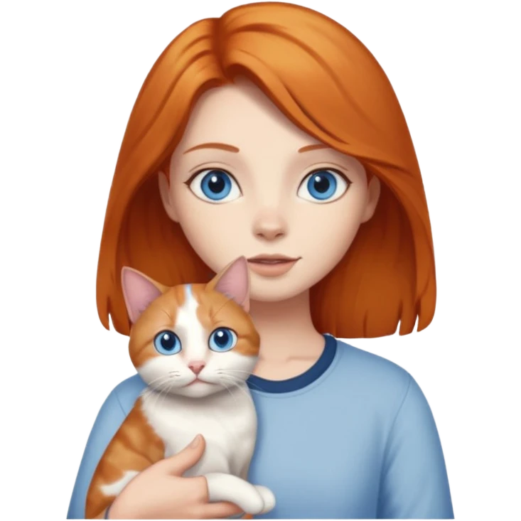 A ginger with blue eyes holding a large dilute calico cat. emoji