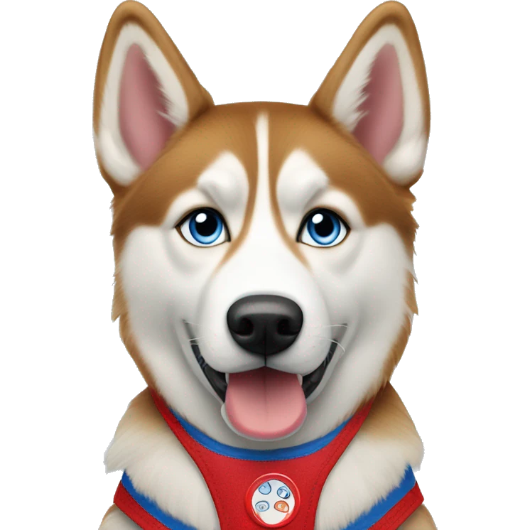Red Siberian Husky with blue eyes wearing a service dog vest emoji