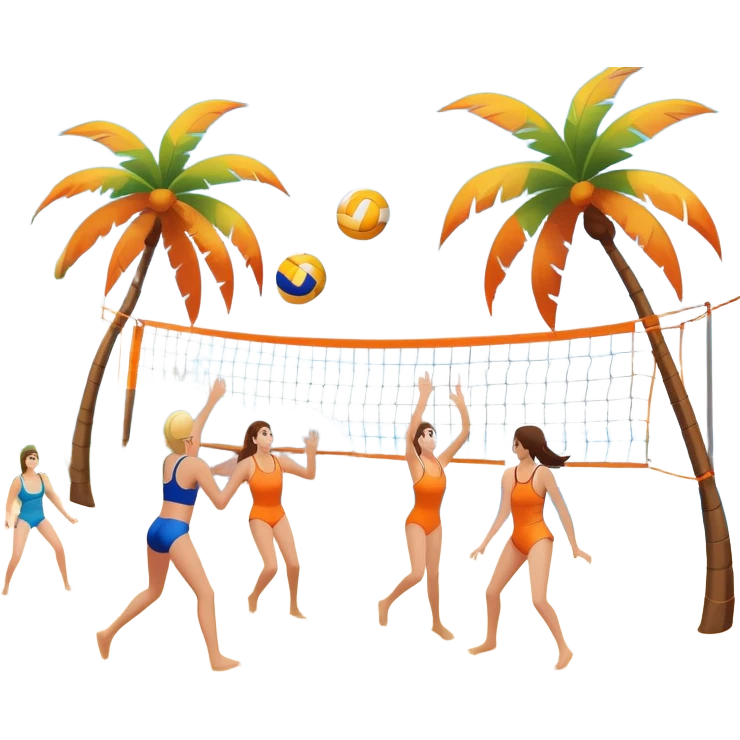 The scene captures a sunny sea beach atmosphere with clear blue sea and sky, palm trees swaying, and people in swimsuits enjoying the vibrant surroundings. A volleyball resting on the orange sand ground of a beach, with a volleyball net in the background.  emoji