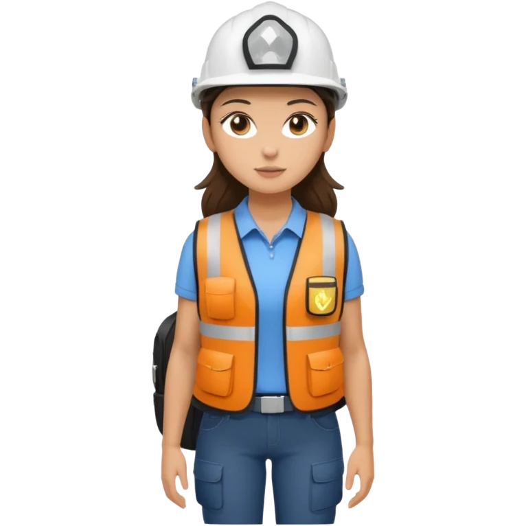 Brunette brown Girl full body standing with her white security helmet and security vest on, also with her black backpack emoji