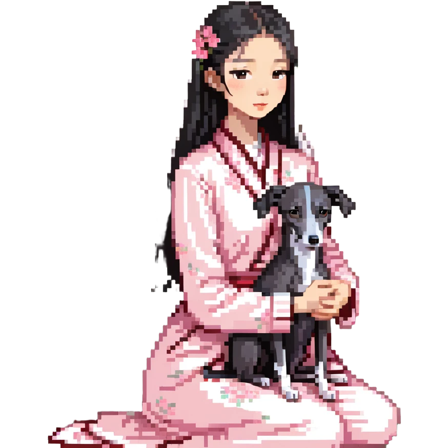 A young Chinese girl with long black hair and a pure dark grey Italian Greyhound with absolutely NO white markings anywhere on its body sitting under a cherry blossom tree. The dog must be completely solid dark grey with no white on muzzle, paws, or chest. emoji