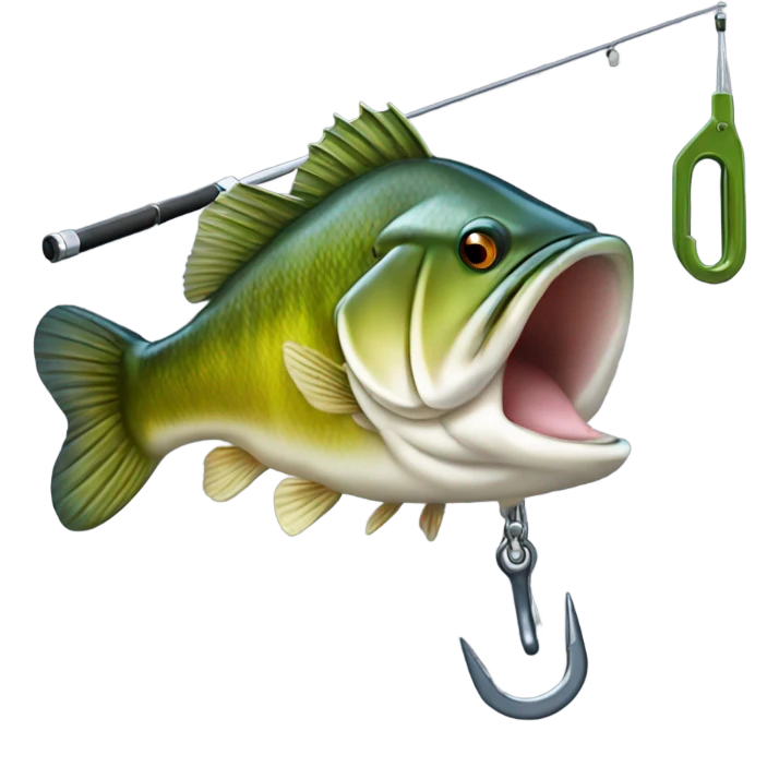 A bass fish getting off the hook on a rod and reel emoji