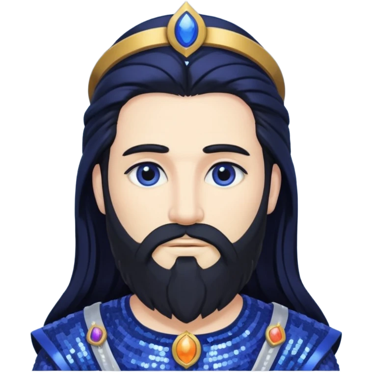 Saturn, God of Time from Gods and Goddesses with long black hair and beard, indigo sequin outfit emoji