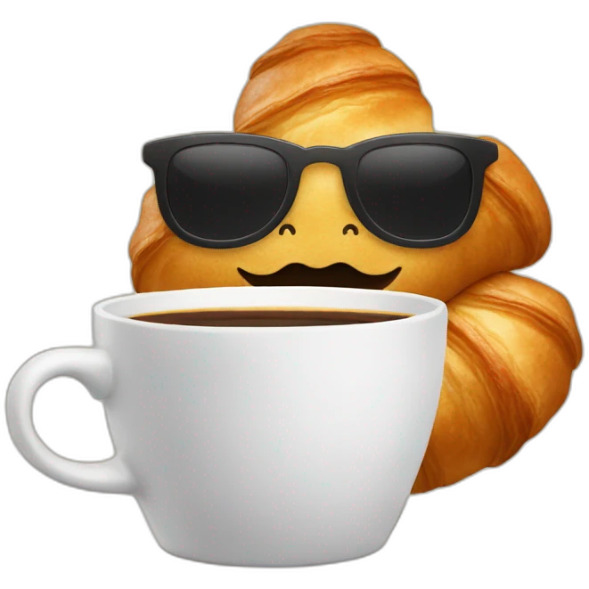 A croissant with a face with a mustache that drinks a cup of coffee emoji
